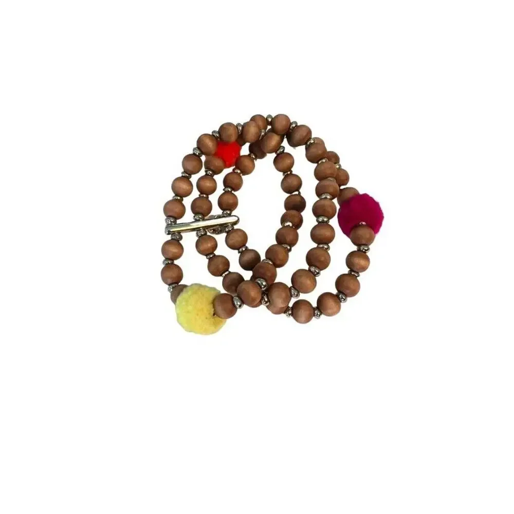 Baublebar Wood Beaded Stretch Bracelet Pom Pom Tribal Three Strand